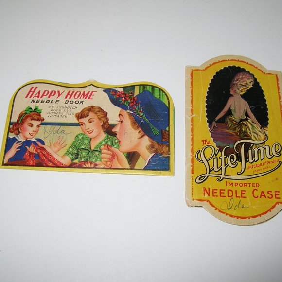 Antique HAPPY HOME NEEDLE BOOK & LIFE TIME IMPORTED NEEDLE CASE FILLED w/Needles - Picture 2 of 7
